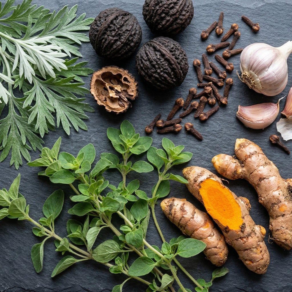 Flat lay of wormwood, black walnuts, cloves, garlic, oregano and turmeric root
