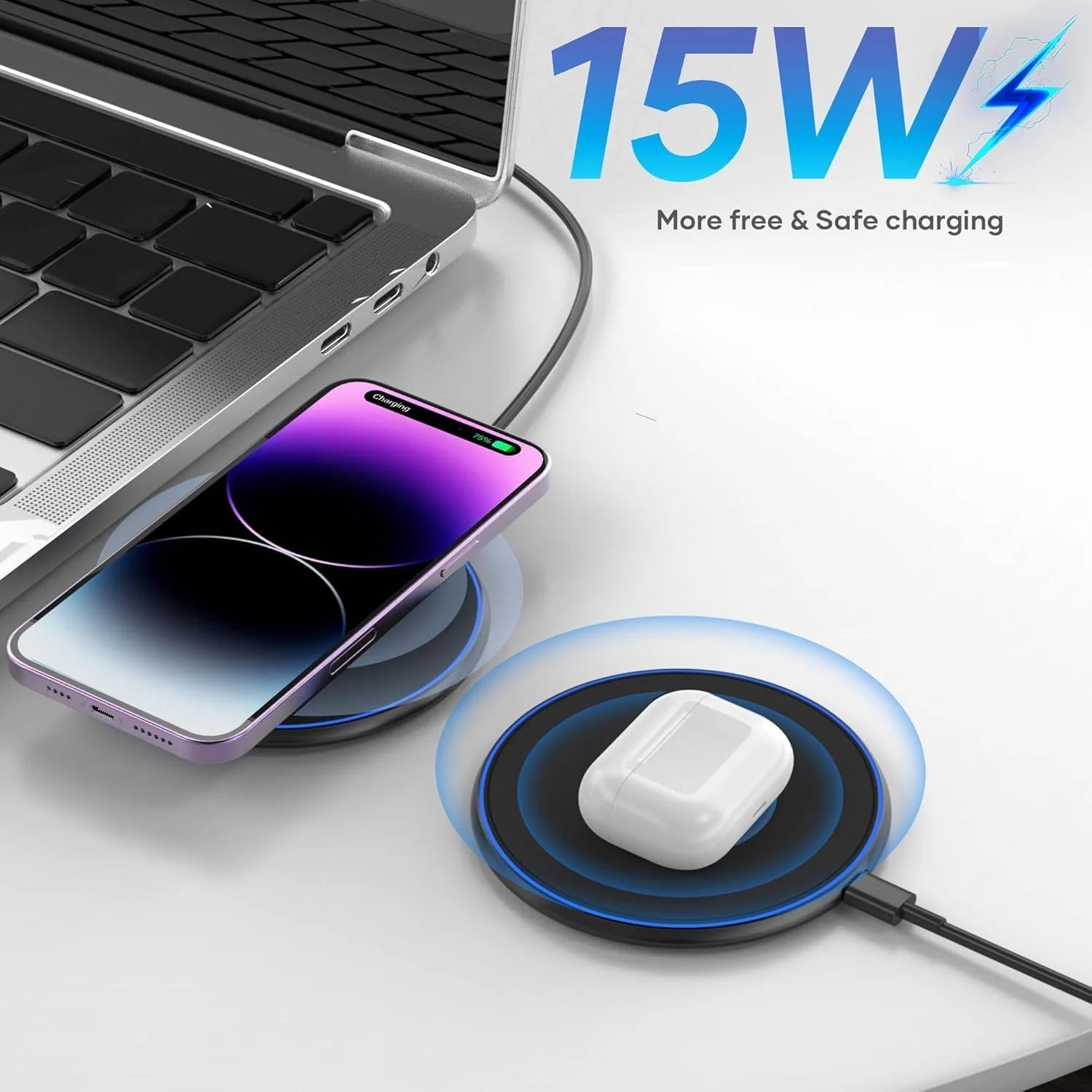 Carregador Sem Fios de Indução Rápida 15W Almofada Para iPhone e Android, Design Sem Cabos