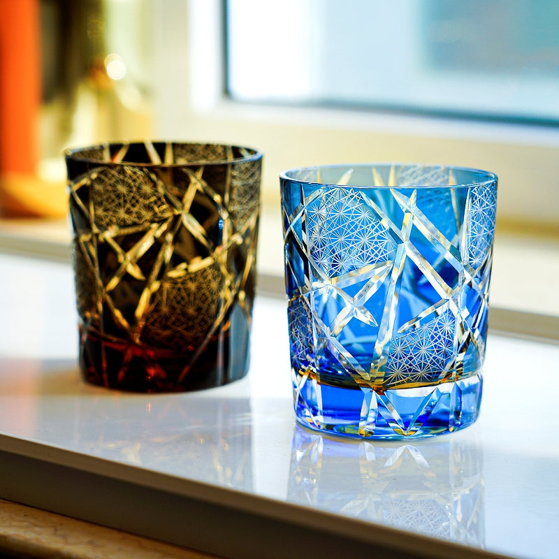 Gelas Wiski Petir Burung Bangau Buatan Tangan Edo Kiriko Dengan Kotak Kayu