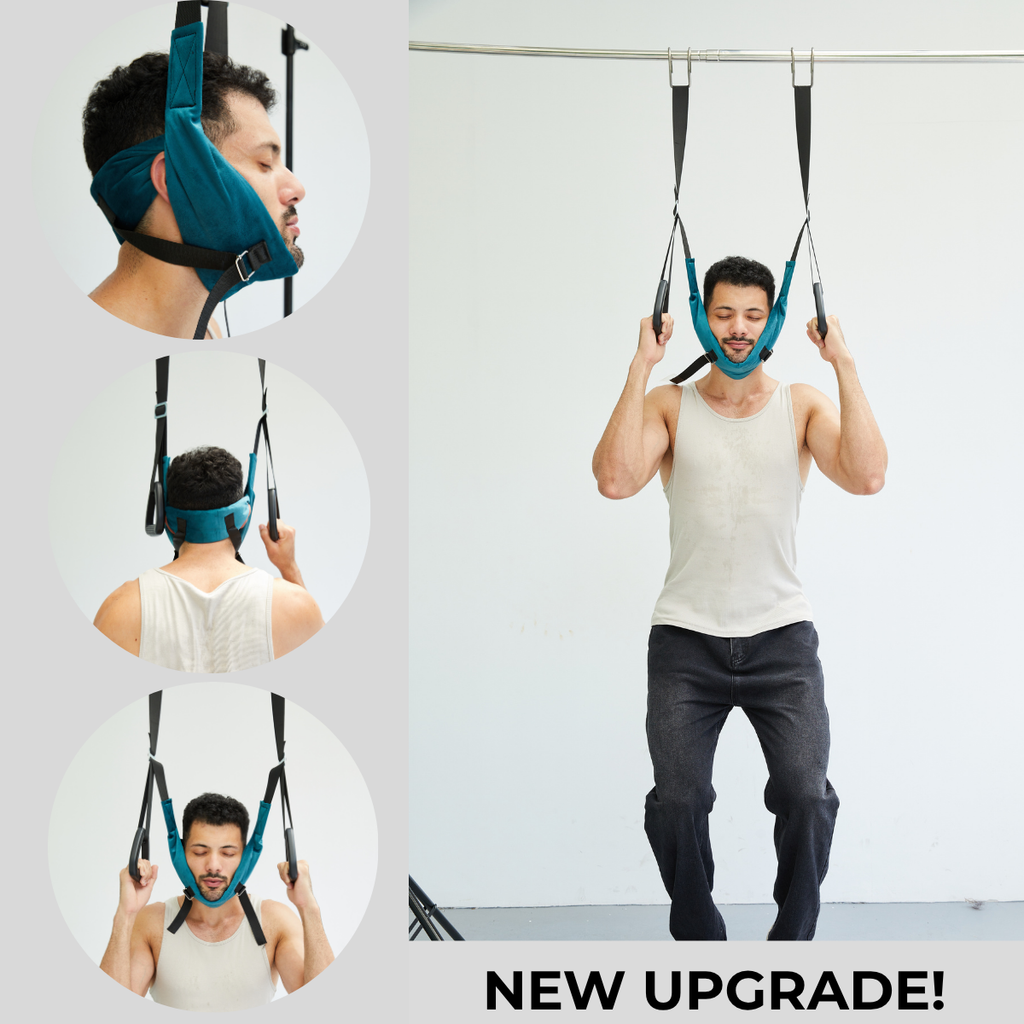 A person wears the blue VivoSleep cervical neck traction device.