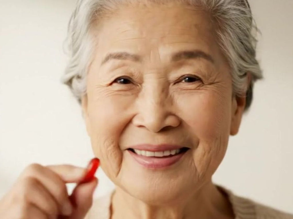Smiling older woman holding a red capsule