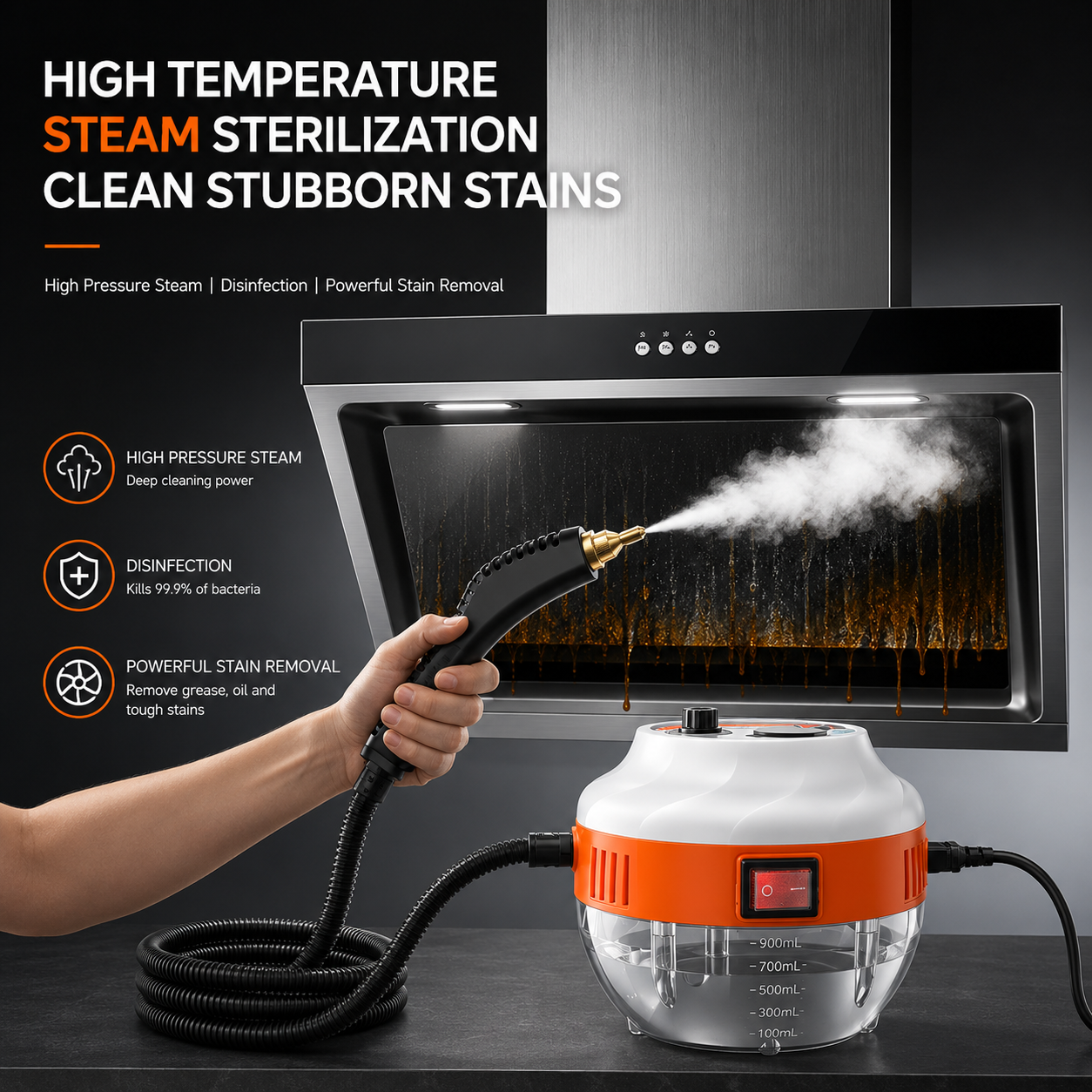 Pembersih Stim Tekanan Tinggi - 2800W - Tanpa Bahan Kimia - Untuk Dapur, Kereta & Bilik Mandi - Jingga & Putih