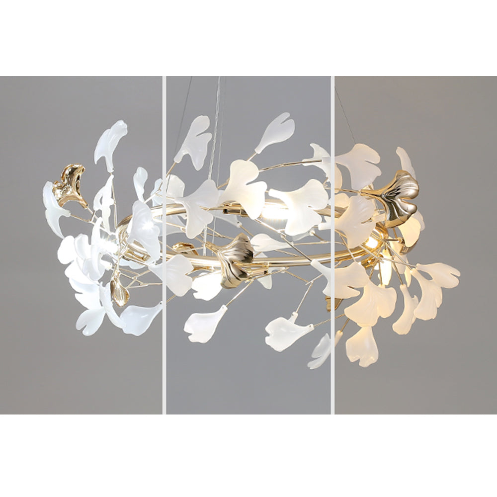 Olivia moderne lysekrone med ginkgo-blad i metall — kronblomstformet, gull