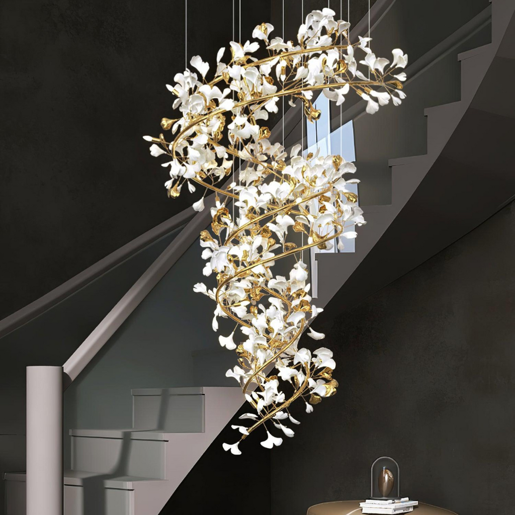 Olivia Modern Gold Staircase Chandelier, Metal & Ceramic - Neutralighting