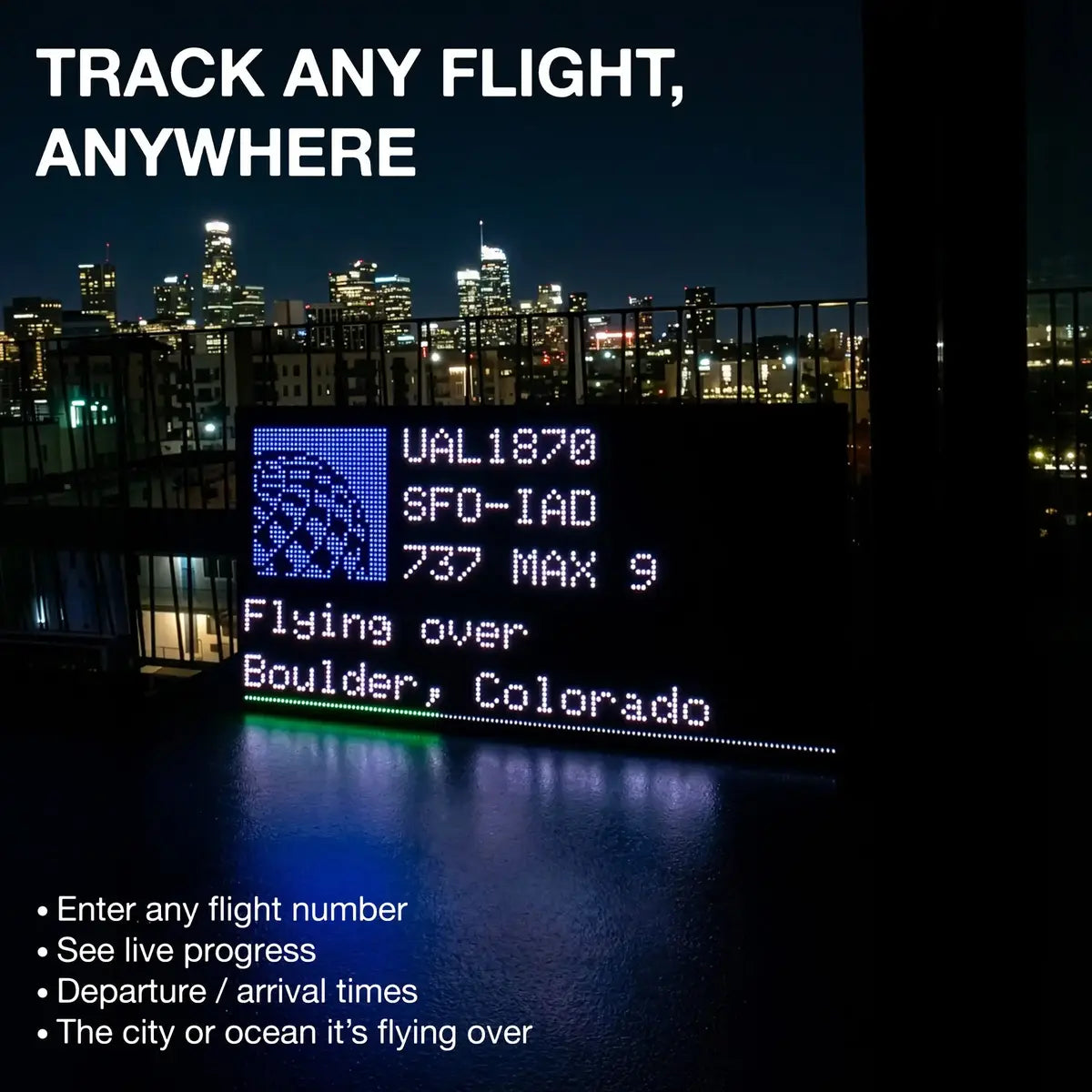 FlightWall - Mini display tracking a flight over a cityscape at night