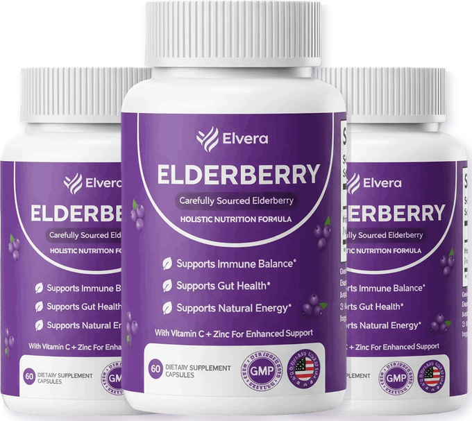 Three bottles of elderberry capsules side by side