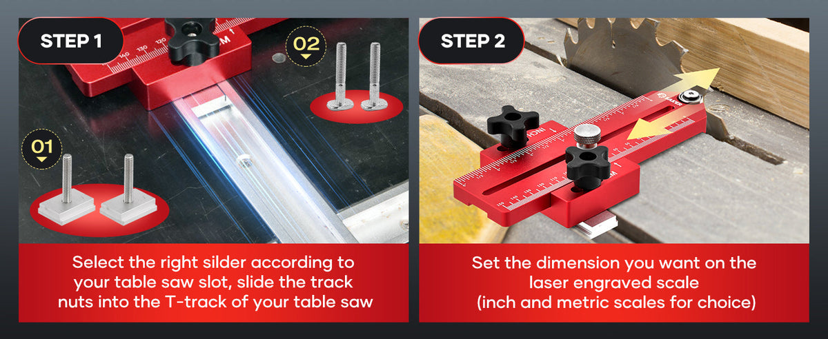 Steps one and two: fitting the jig into the saw track and setting the width