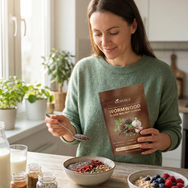 Woman with the pouch at a breakfast table