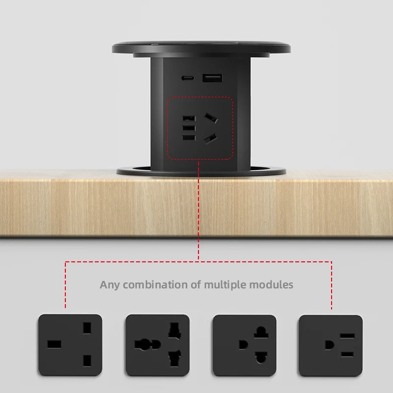 برج مأخذ مكتب تلقائي الظهور مع منفذ USB-C، شحن لاسلكي وقابس عالمي