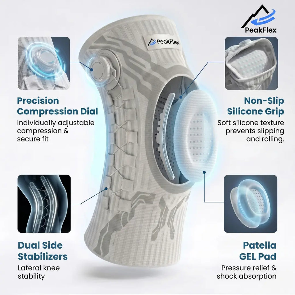 Adjustable Knee Compression Sleeve – Dial Fit, Kneecap Gel Pad, Side Stabilisers