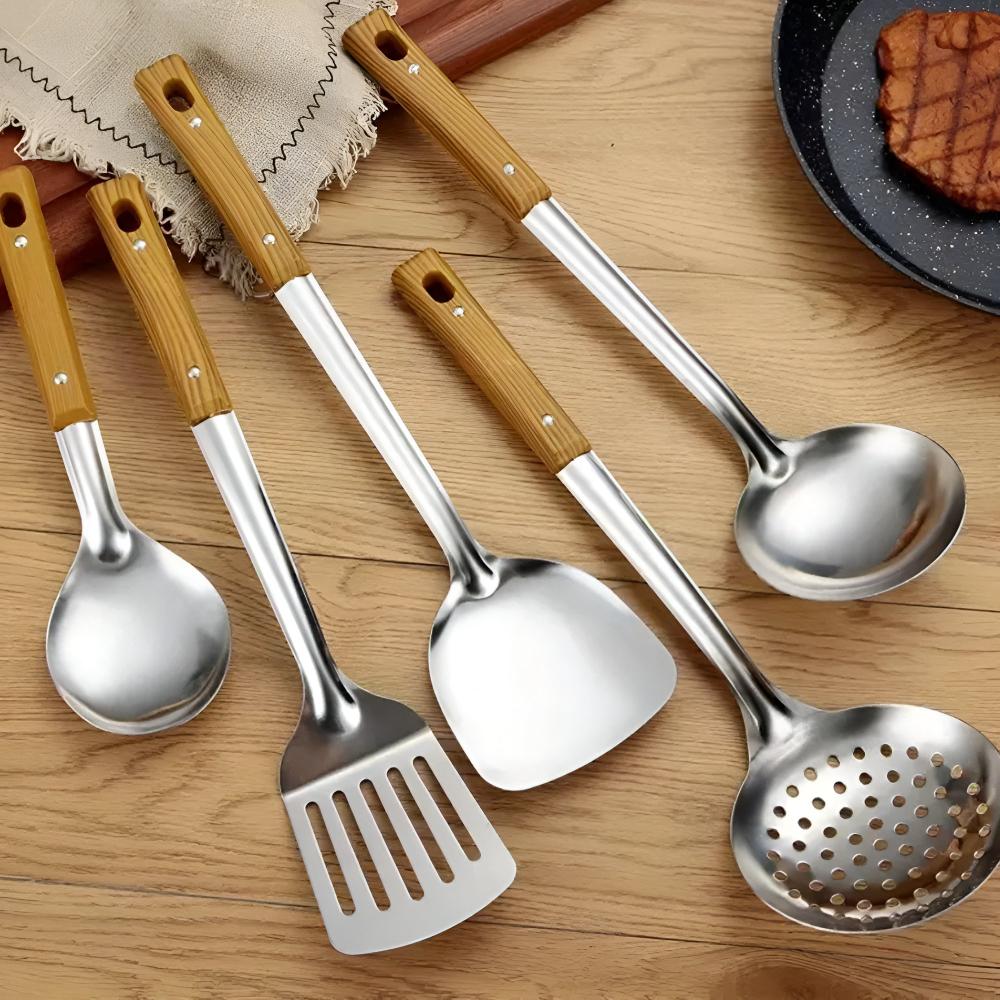 Set Peralatan Dapur Keluli dengan Pemegang Kayu (5 Set)