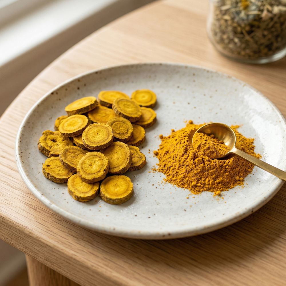 Sliced and ground turmeric on a plate
