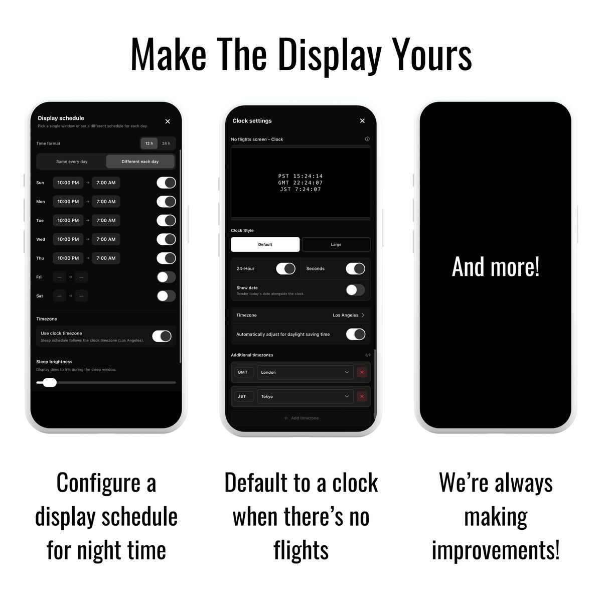 App screens for display schedule and clock settings