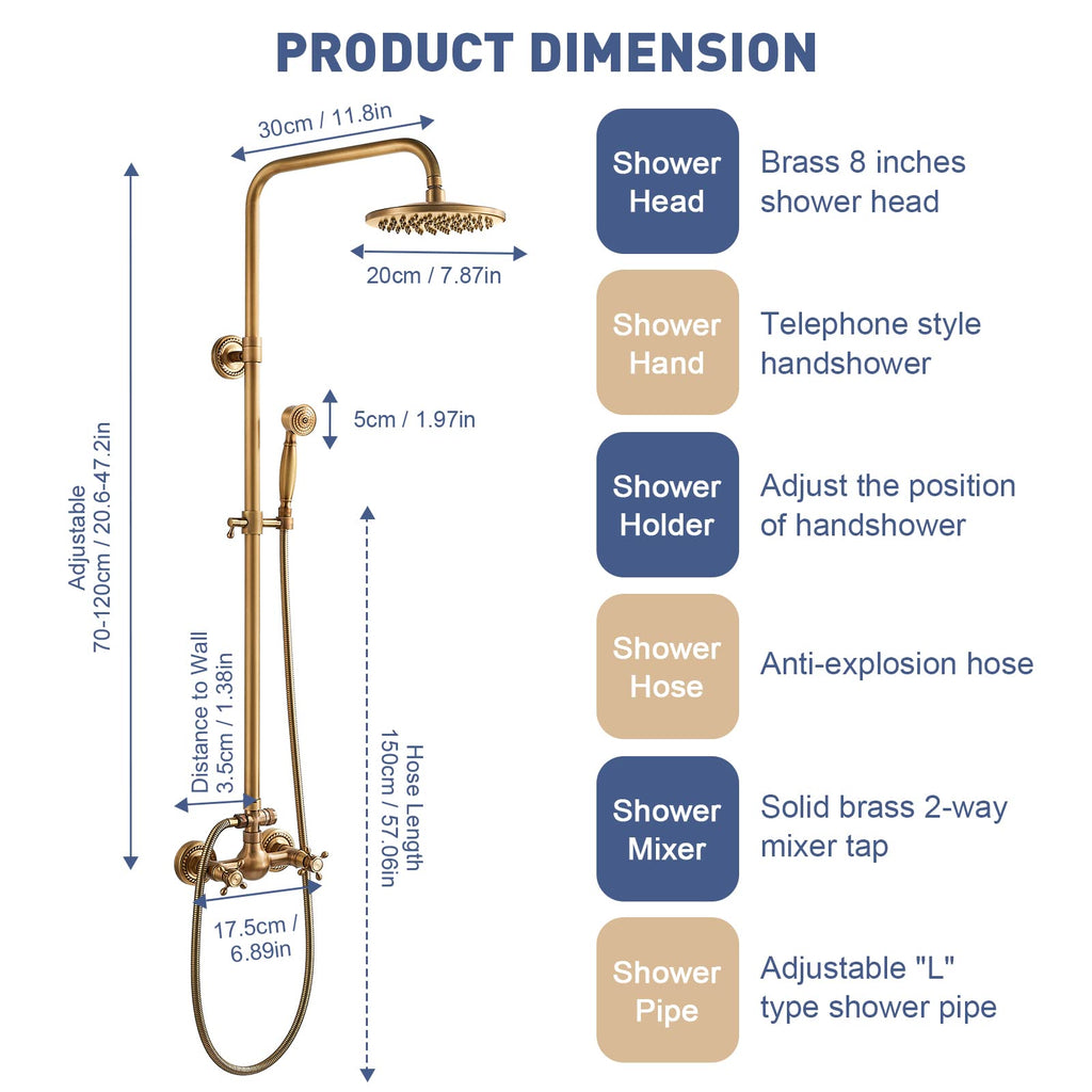 Kit de Duche de Latão Ajustável em Bronze Antigo para Montagem na Parede