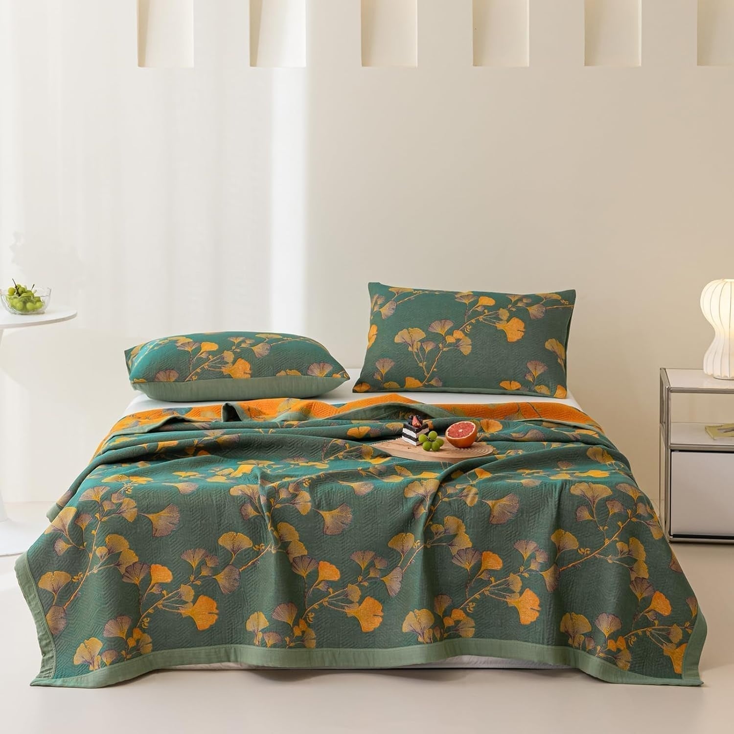 Ginkgo-Blätter Blumenmuster Wendebettüberwurf für Schlafzimmer