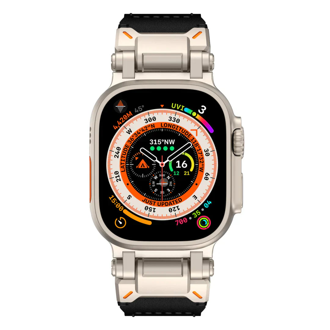 Nouveau bracelet en cuir avec tête en métal titane pour Apple Watch