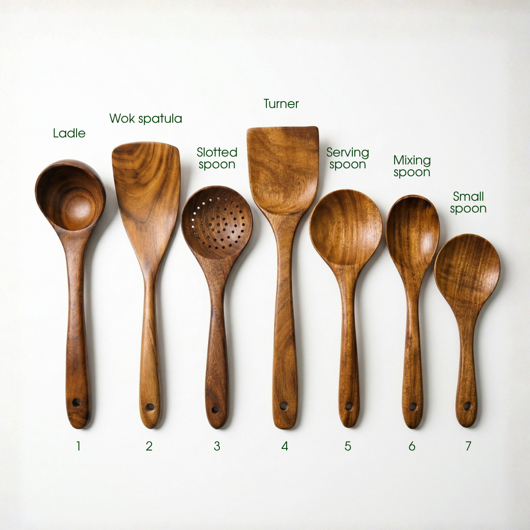 Set di utensili da cucina in legno d’acacia, 7 pezzi – realizzati a mano, finitura a olio, adatti alle padelle