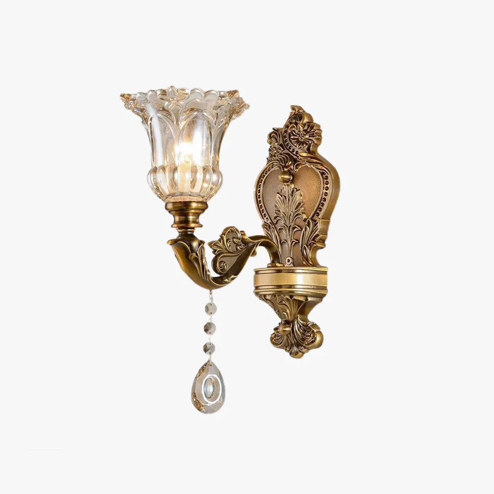 Vintage nástěnná lampa Ramiq Flor - čiré sklo, kovový rám, zlatá