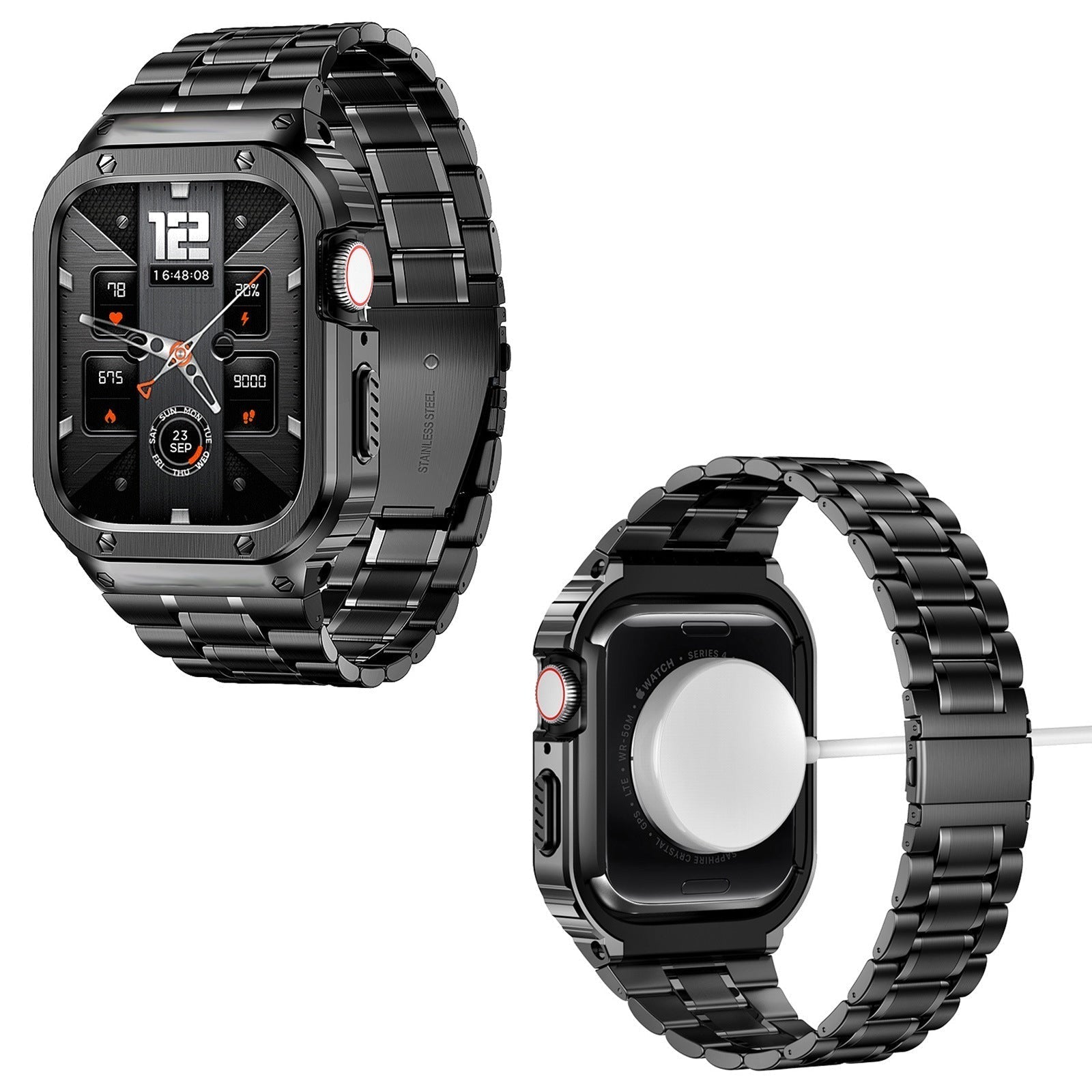 带表壳的不锈钢表带，适用于苹果手表