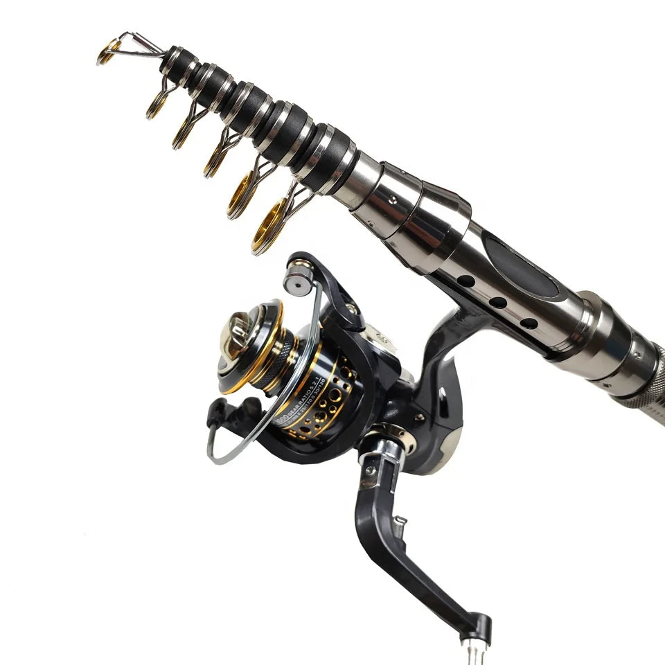 Kit completo canna da pesca telescopica in carbonio con mulinello spinning