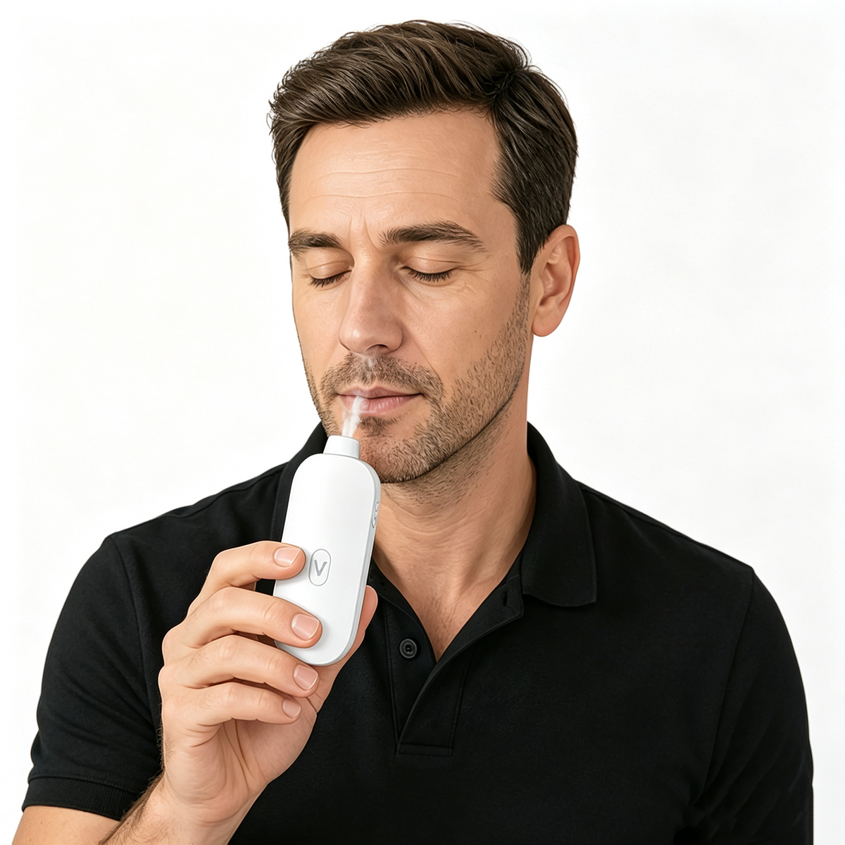Man holding the mist device close to his nose