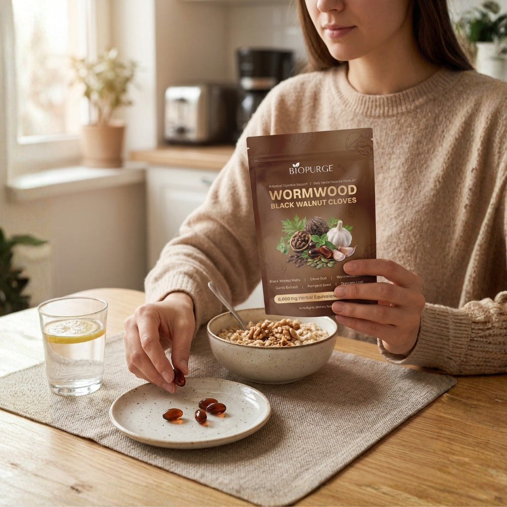 Woman taking a softgel at the breakfast table
