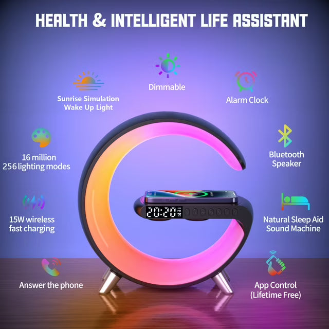 Smart väckarklocka - Bluetooth-högtalare - 15W trådlös laddare - RGB stämningsljus - Vit och svart