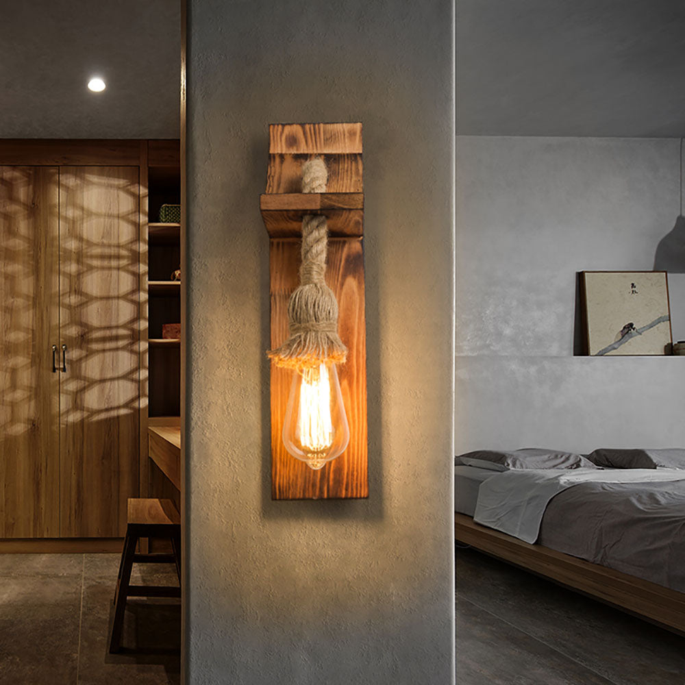 Lampada da parete rettangolare vintage Epoch — apparecchio LED cablato, legno e corda di canapa