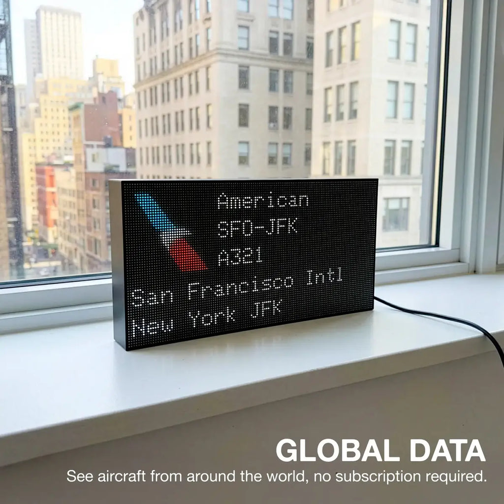 FlightWall - Mini display showing flight information on a windowsill with cityscape background