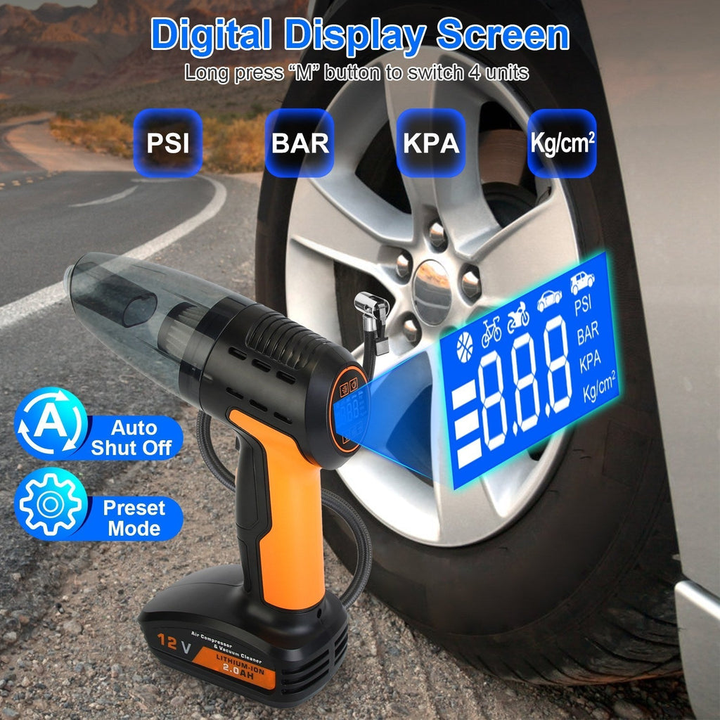Bezdrátový vysavač do auta a nafukovač pneumatik - 4 v 1 - 9000Pa - 120W - 6000mAh - LED