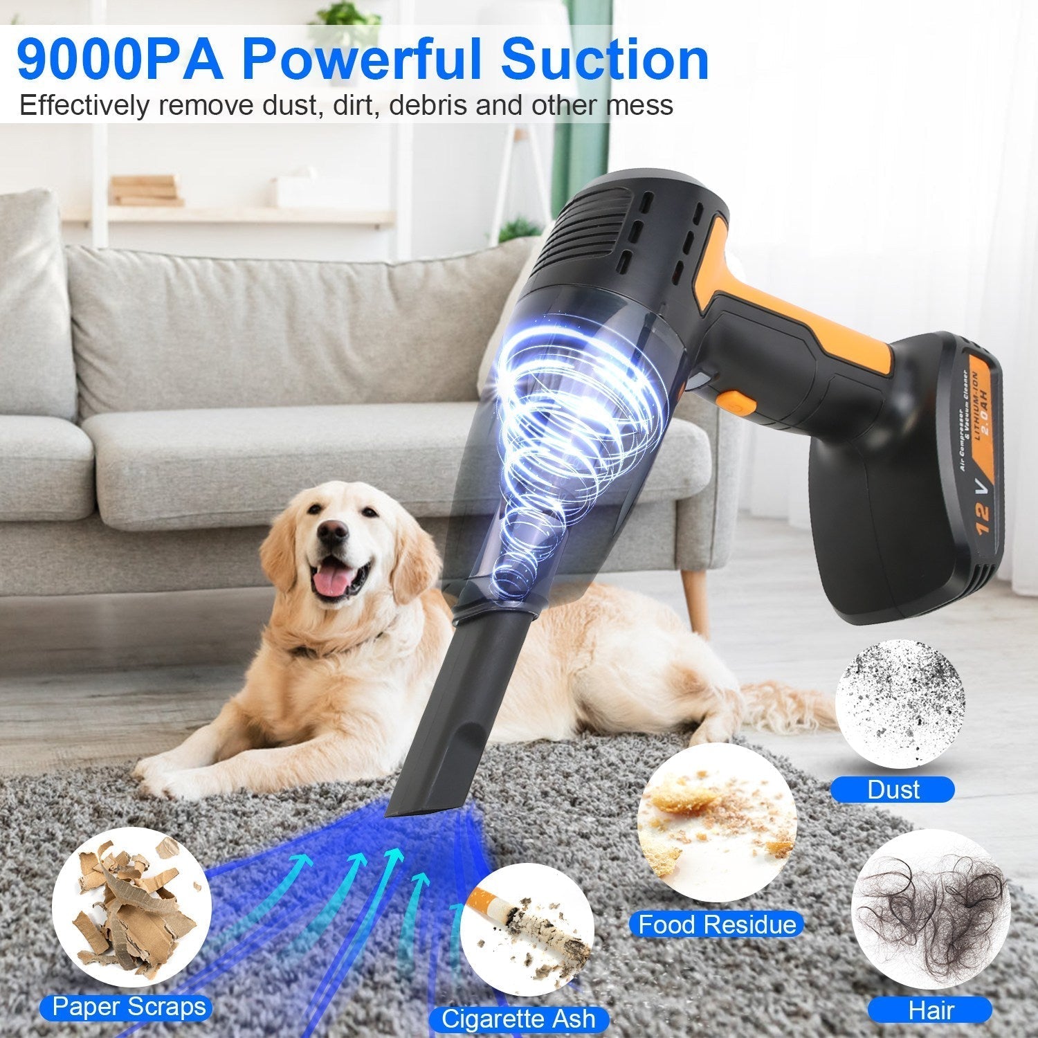 Bezdrátový vysavač do auta a nafukovač pneumatik - 4 v 1 - 9000Pa - 120W - 6000mAh - LED