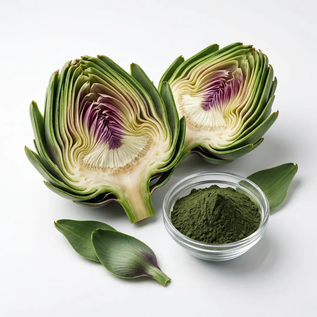 Fresh artichokes with green leaf extract powder