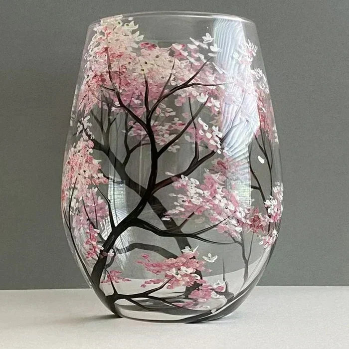 Verres à vin Arbre des quatre saisons - peinture à la main artistique