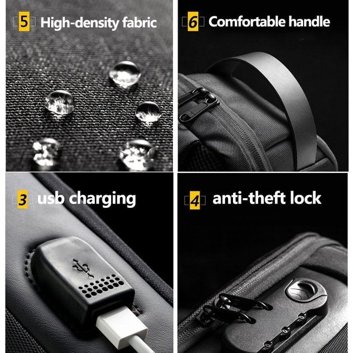 Wasserdichte Umhängetasche – Diebstahlsicherer versteckter Reißverschluss – USB 3.0 Ladeanschluss – Oxford – Unisex