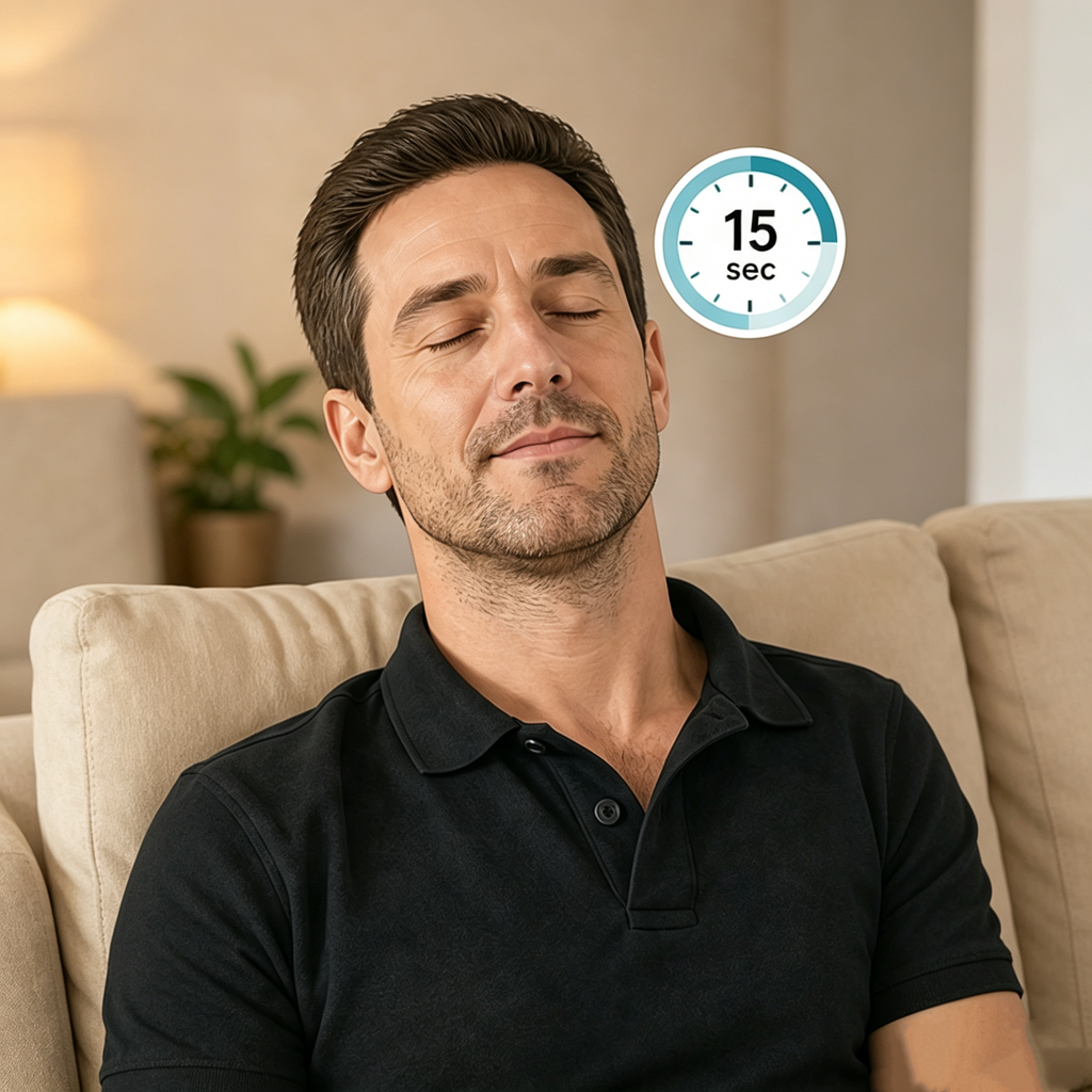 Man relaxing on a sofa after a 15-second mist session