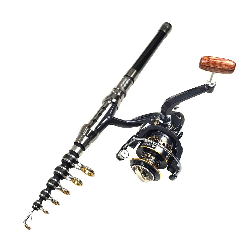 Kit completo canna da pesca telescopica in carbonio con mulinello spinning