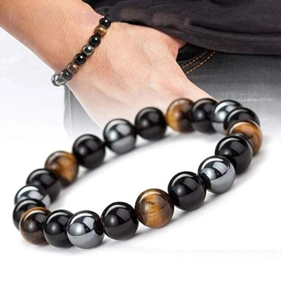 Doğal Taşlarla El Yapımı Şifa Bilekliği Kaplan Gözü Siyah Obsidyen Hematit
