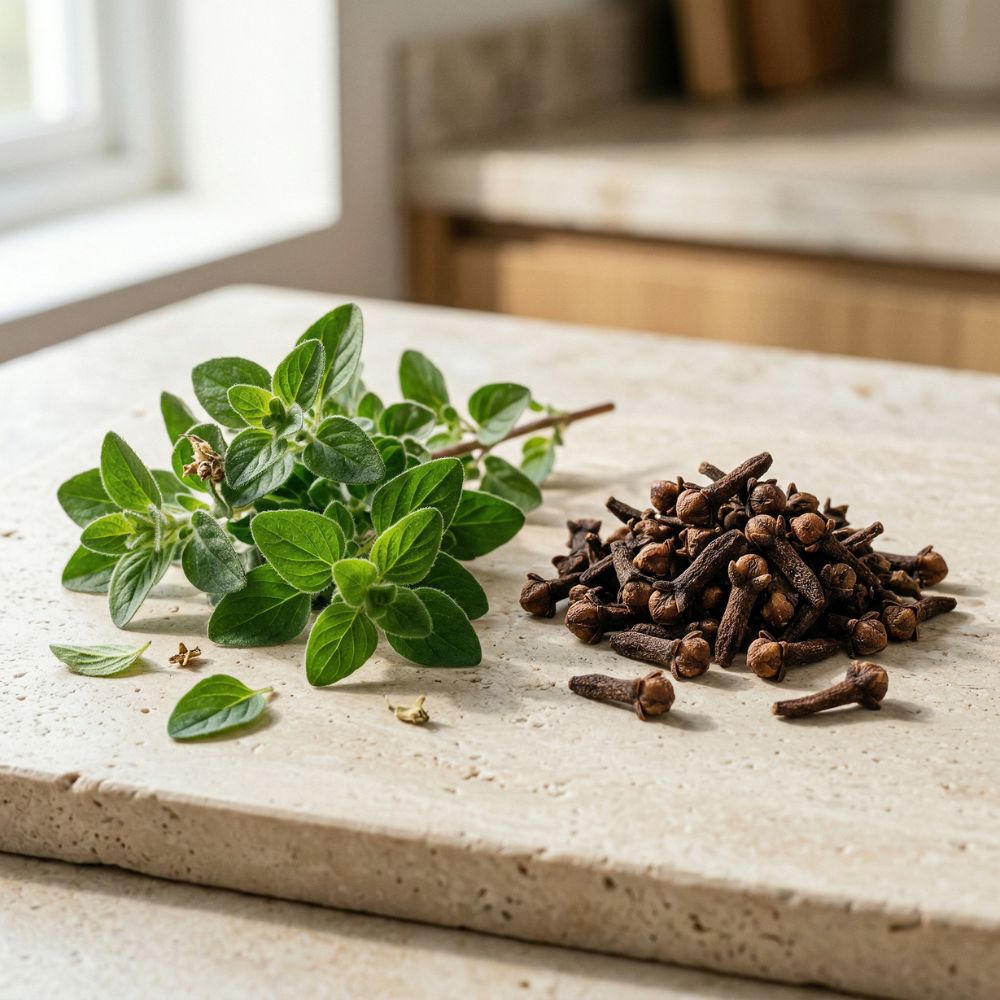 Fresh oregano sprigs next to whole cloves