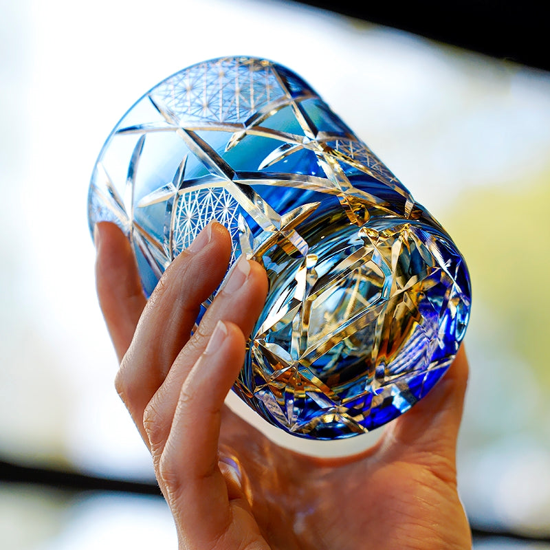 Gelas Wiski Petir Burung Bangau Buatan Tangan Edo Kiriko Dengan Kotak Kayu