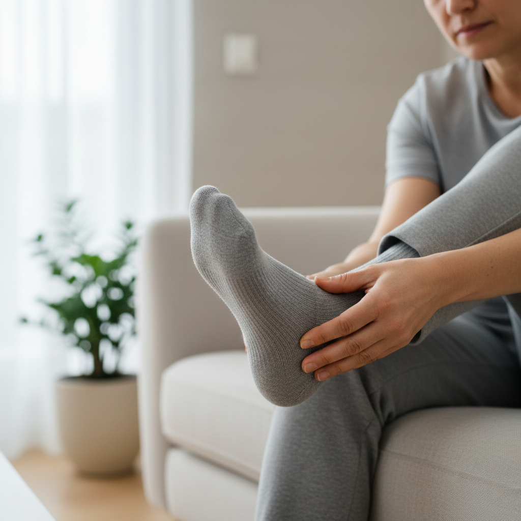 Woman sitting on a sofa holding her foot in a grey sock