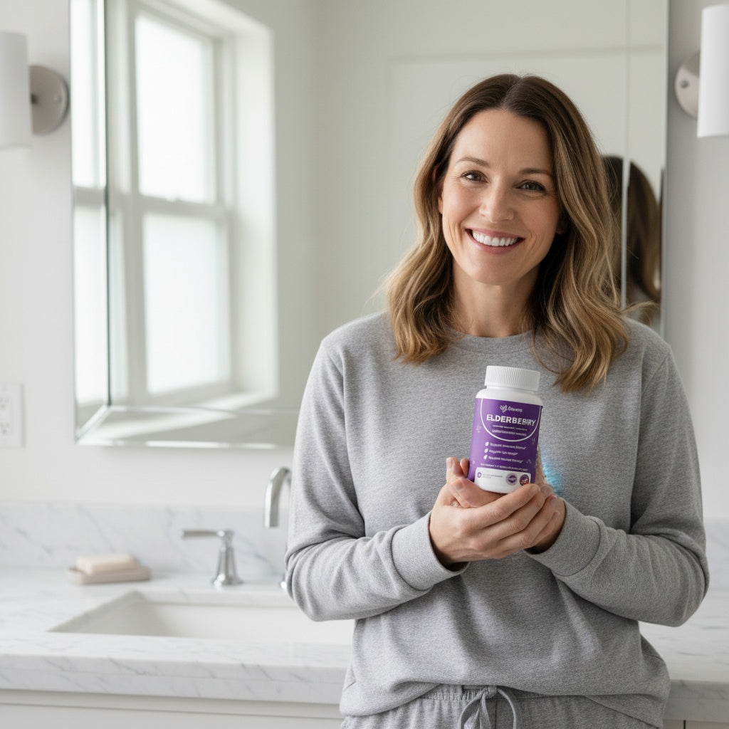 Woman in a bright bathroom holding a bottle of elderberry capsules