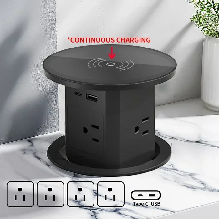 برج مأخذ مكتب تلقائي الظهور مع منفذ USB-C، شحن لاسلكي وقابس عالمي