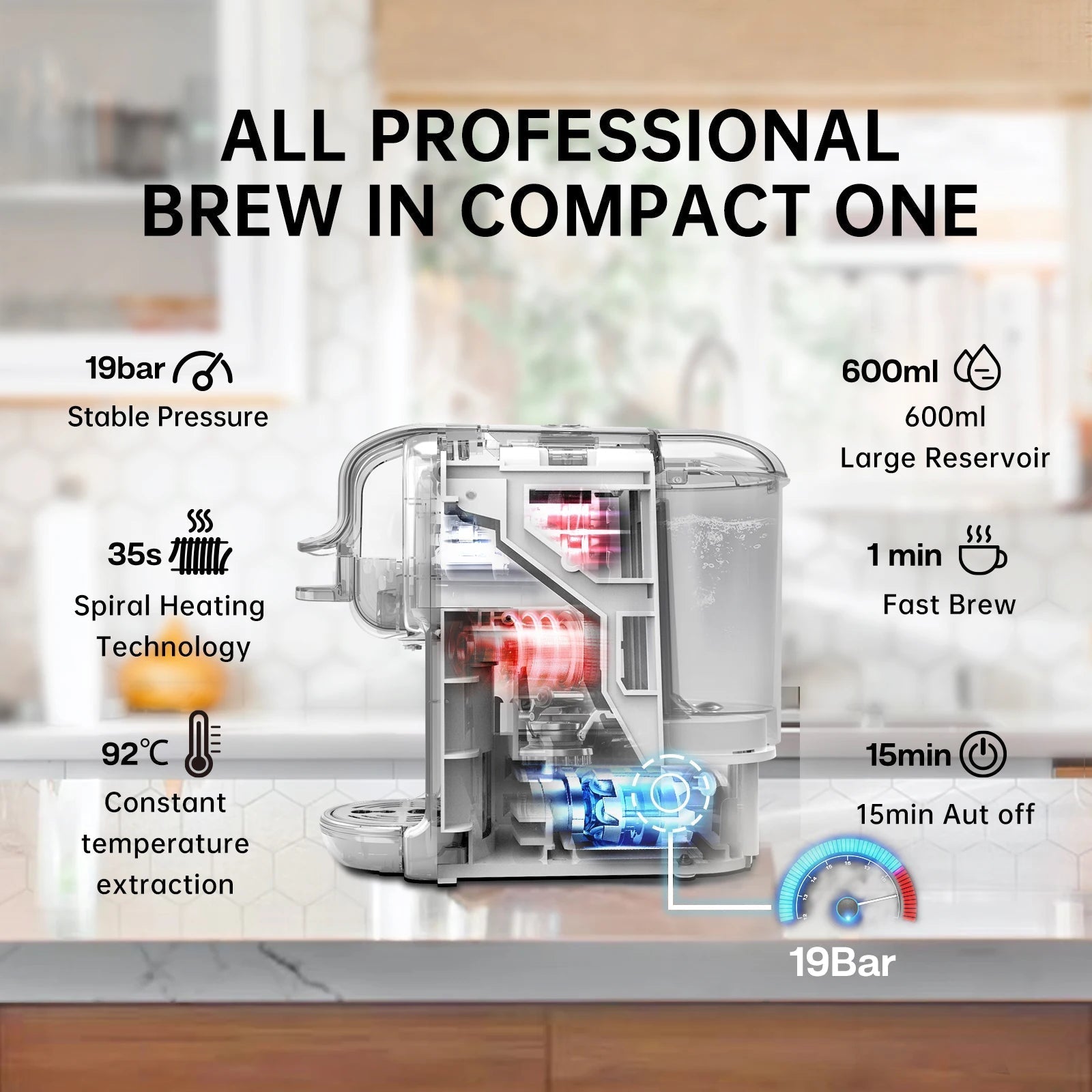 5-i-1 Kaffemaskin - 20 Bar - Nespresso & K-Cup - Varm och kallbryggning - Svart och vit