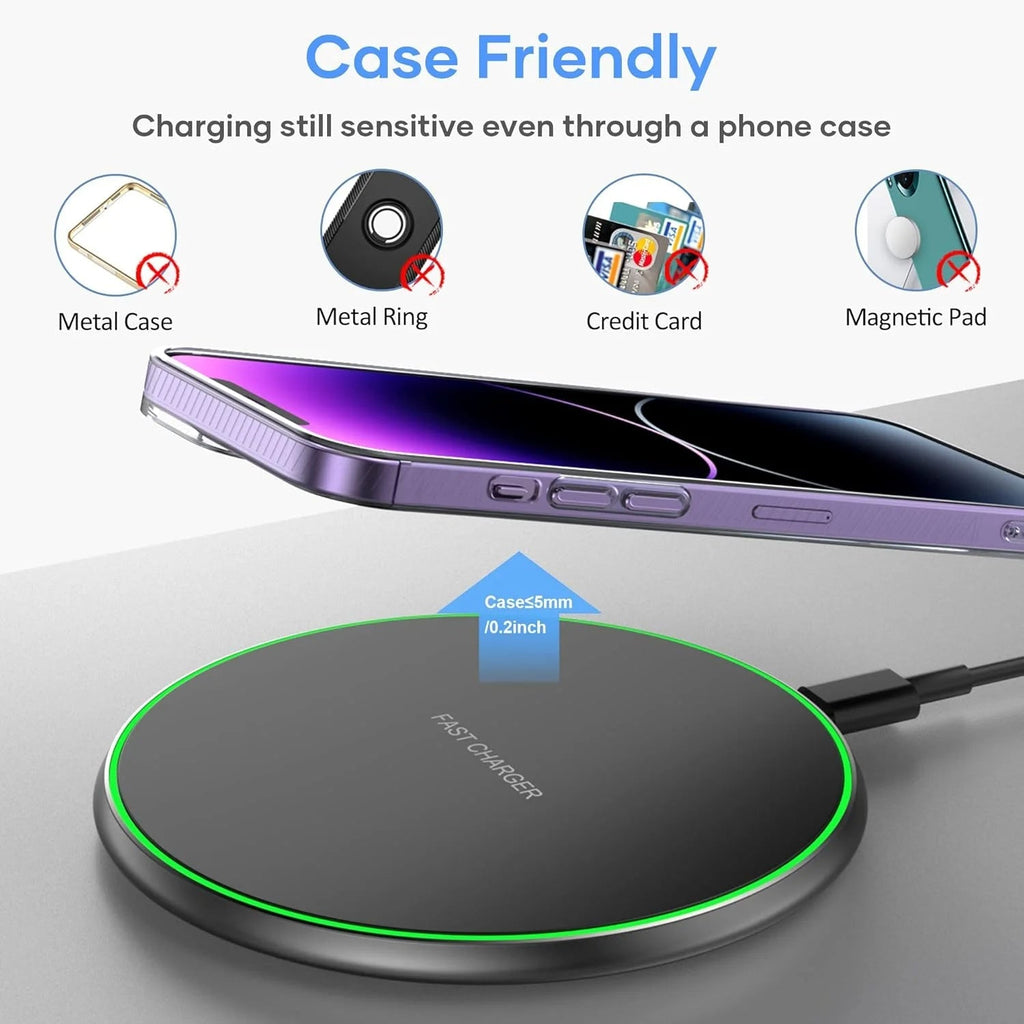 Carregador Sem Fios de Indução Rápida 15W Almofada Para iPhone e Android, Design Sem Cabos