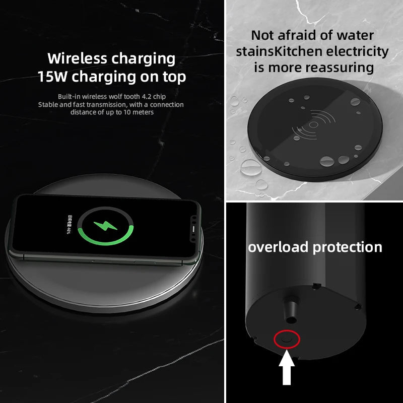 برج مأخذ مكتب تلقائي الظهور مع منفذ USB-C، شحن لاسلكي وقابس عالمي