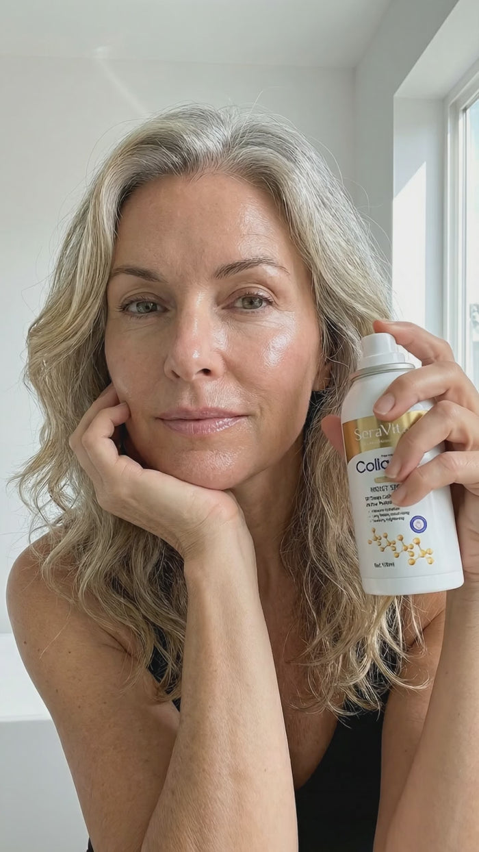 Woman holding the collagen spray next to her face