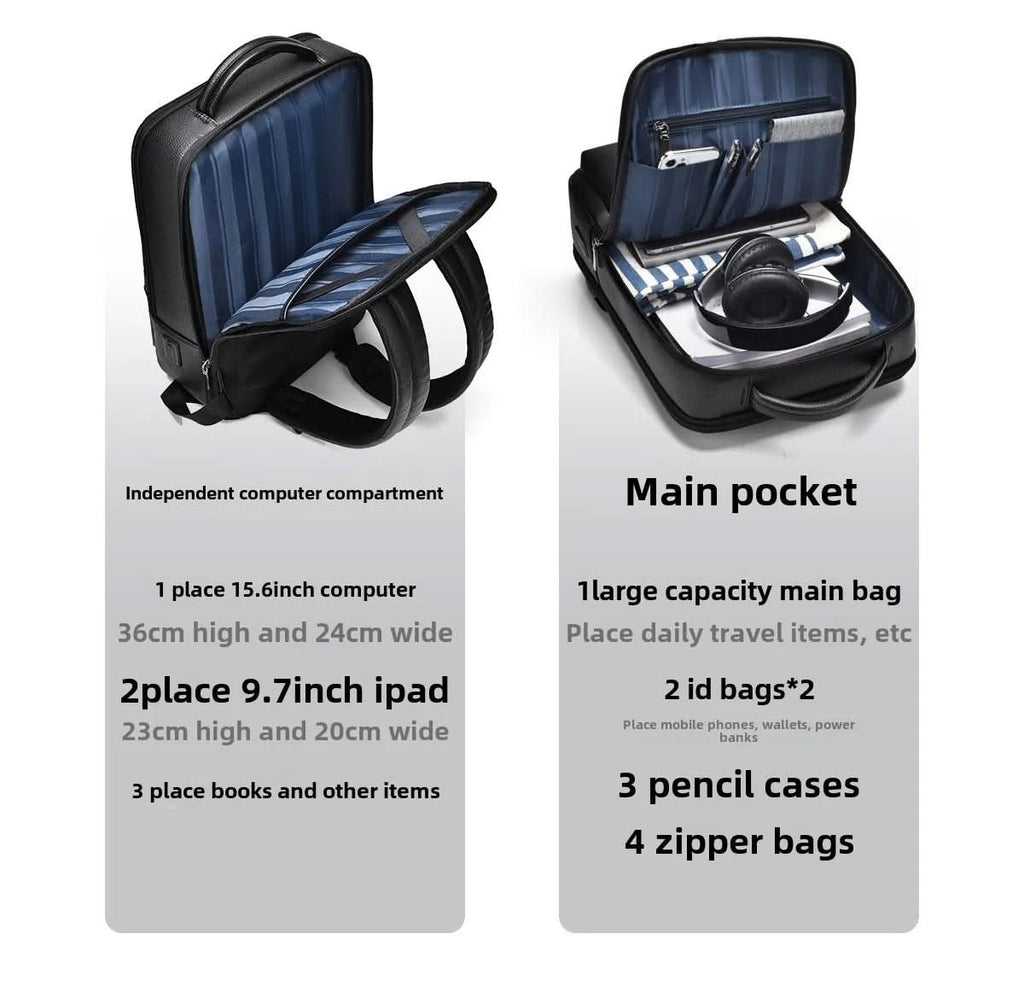 Zaino elegante in pelle con porta USB per laptop da 15.6 pollici, unisex