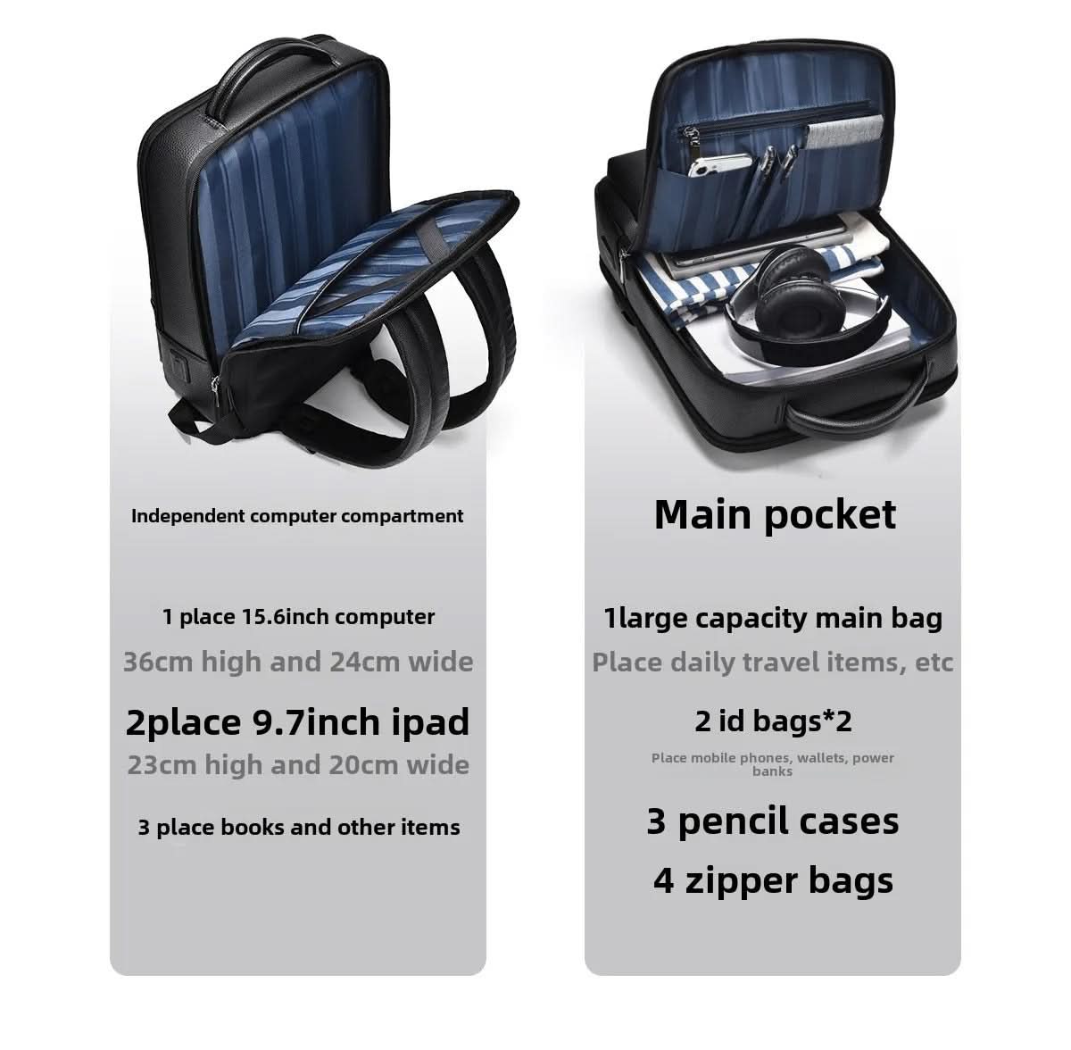 Zaino elegante in pelle con porta USB per laptop da 15.6 pollici, unisex