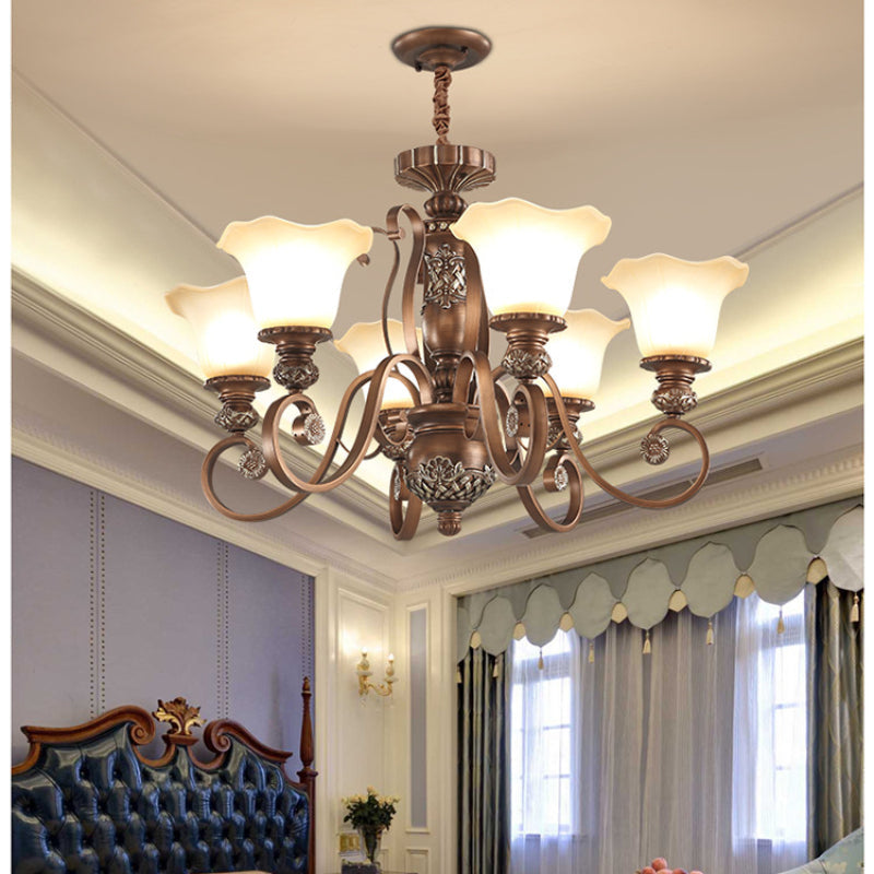 Candeeiro suspenso retro Arisha, em forma de flor — estrutura metálica, difusor de vidro, montagem com ligação direta, classificação IP20