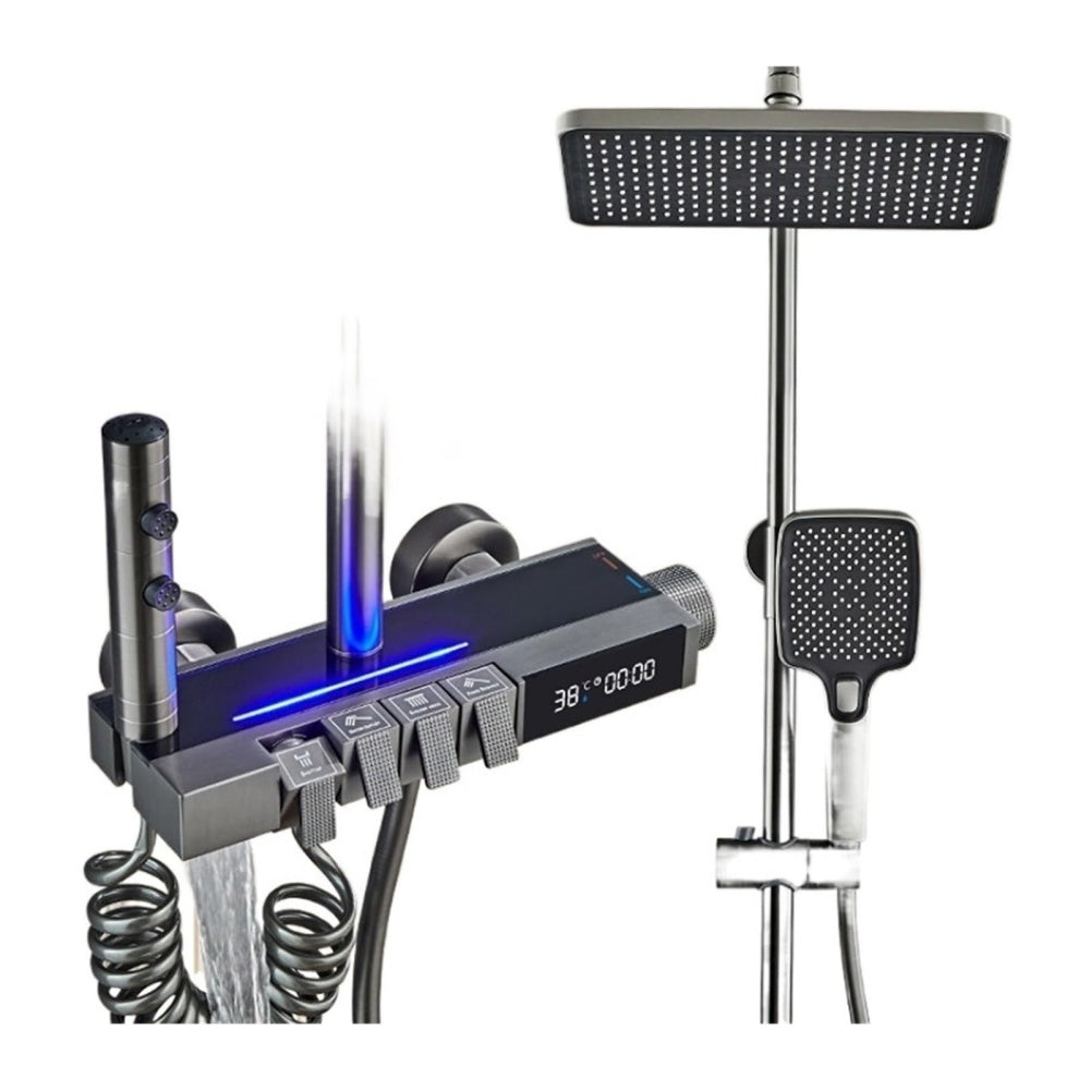 Set de duș termostatic cu afișaj digital, placat cu cenușă, cu robinet presurizat